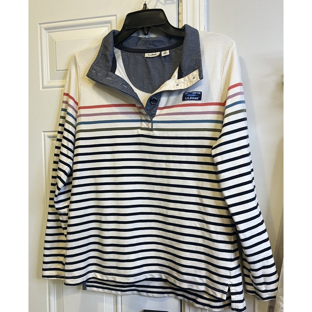 L.L. Bean Womens Striped Rugby Henley Sweater Size M 100% Cotton Pullover